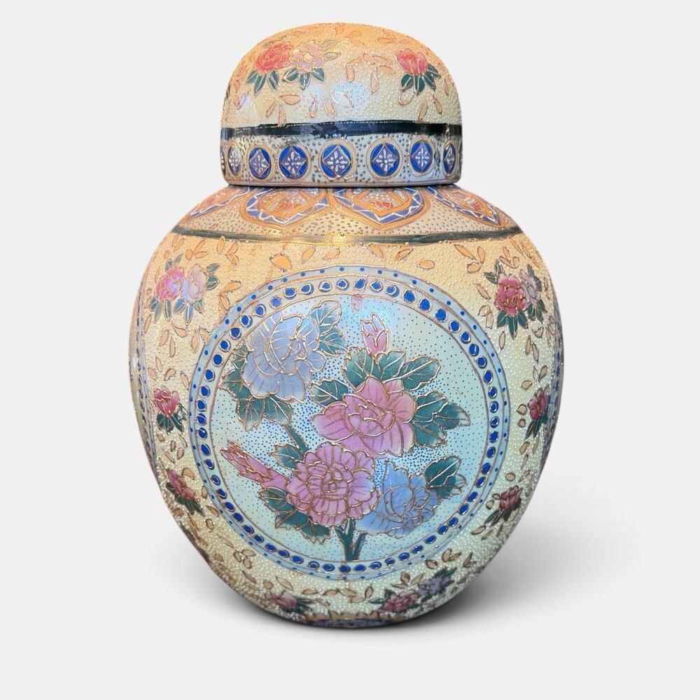 Vintage Satsuma Style Cloisonné Floral Ginger Jar With Lid